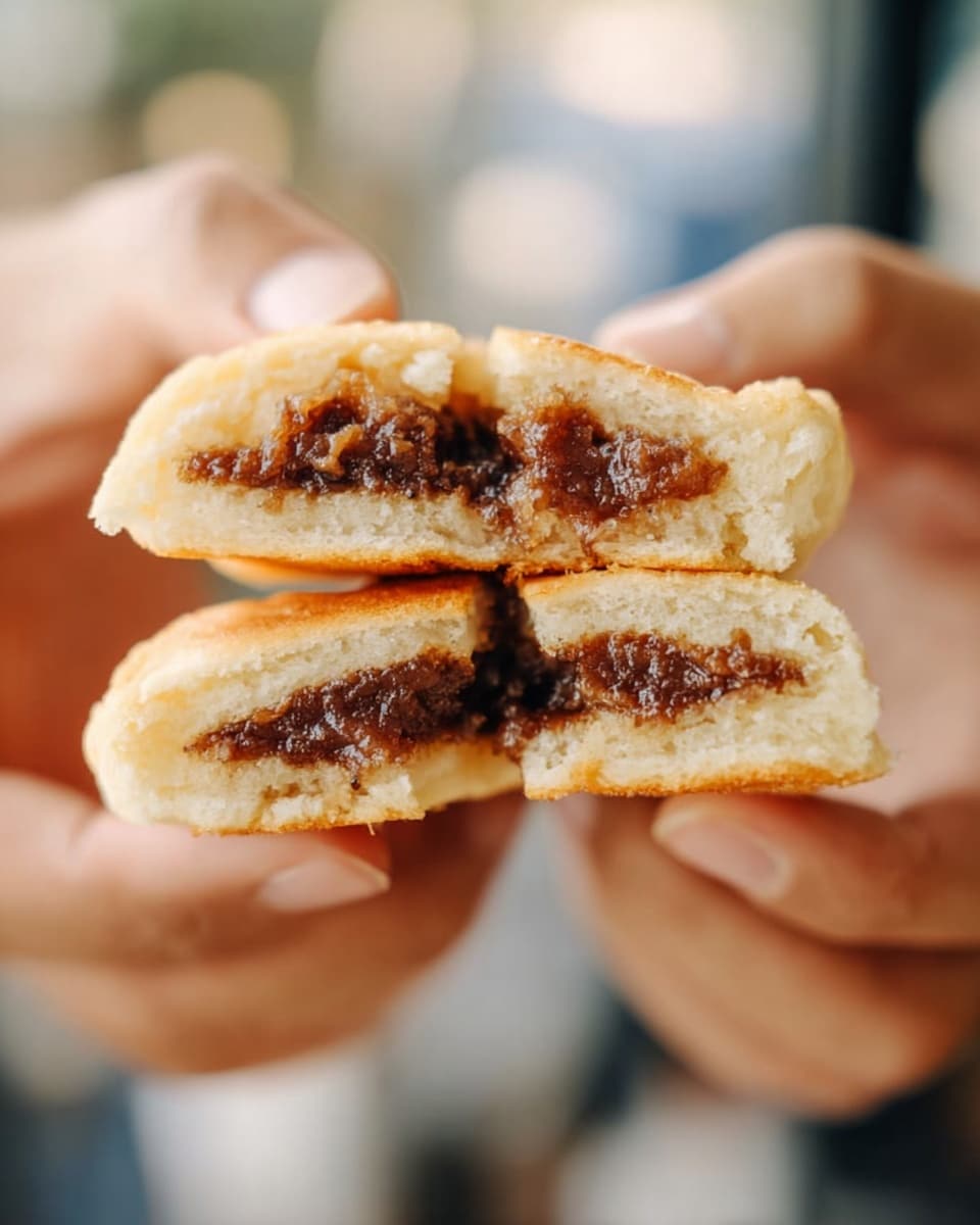 A close-up image shows a snack being held by two hands, each holding one half of it. The snack has two thick layers: the outer layer is a light golden brown, soft and fluffy bread with a slightly toasted texture, while the inner layer is a dark reddish-brown sticky filling with a smooth texture, evenly spread in the center. The background is softly blurred, focusing on the snack with a white marbled texture faintly visible behind. photo taken with an iphone --ar 4:5 --v 7