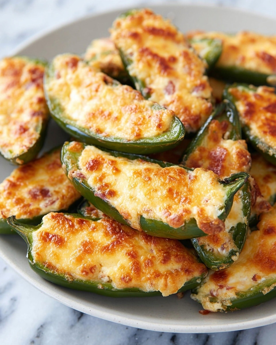 The image shows a baking tray filled with several jalapeño peppers cut in half lengthwise, each topped with a creamy, slightly golden melted cheese layer. The jalapeños are vibrant green with a shiny texture, and the cheese topping is bubbly, browned in spots, and has a smooth but slightly uneven surface. The peppers are spaced evenly on the dark, well-used metal baking tray, which shows some wear and discoloration. The scene is close up, focusing on the texture and color contrast between the green pepper and the golden cheese. photo taken with an iphone --ar 4:5 --v 7