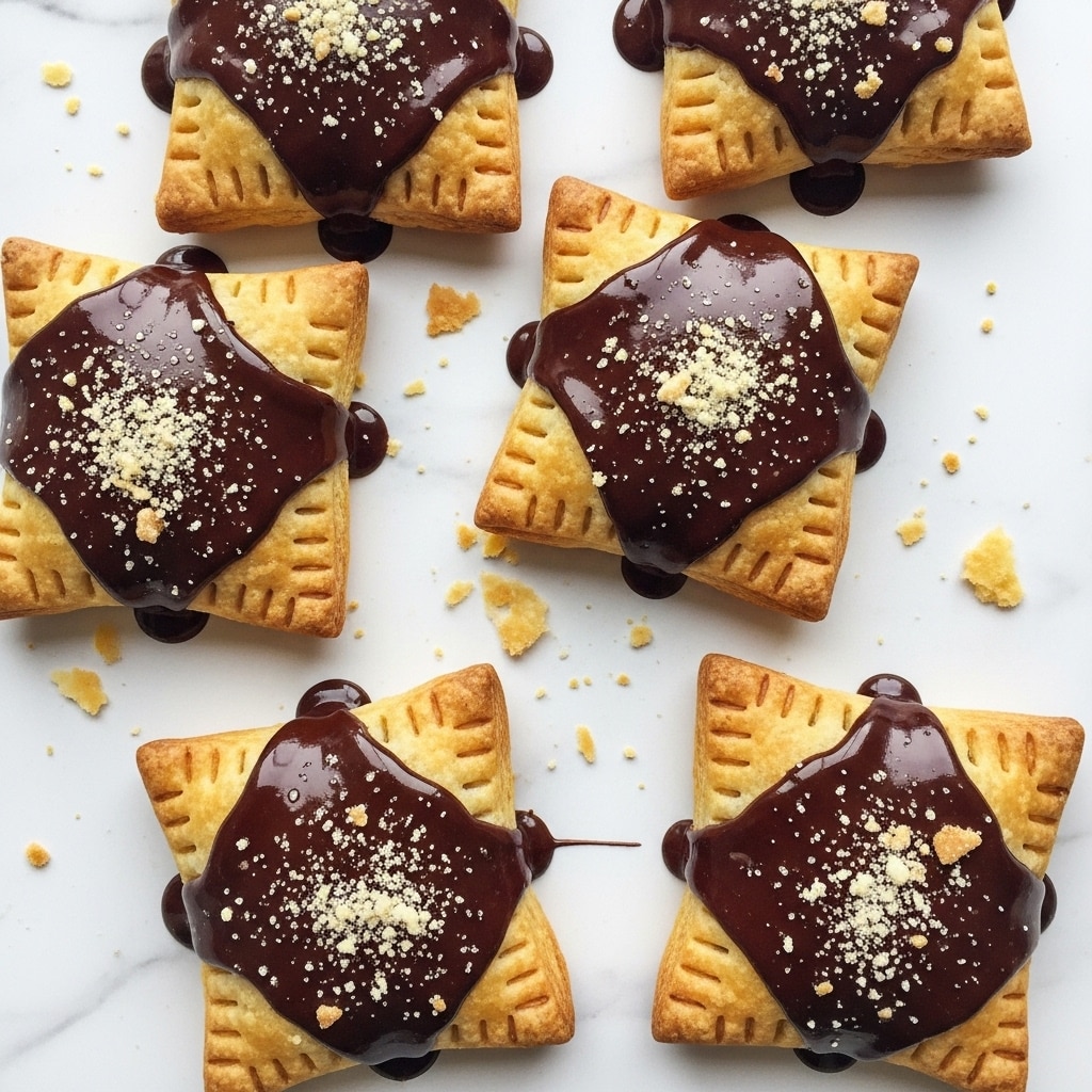 This image shows five square pastries with golden brown, flaky crusts on a white marbled surface. Each pastry is partly covered on top with glossy, thick dark chocolate that drips slightly over the edges. The chocolate is sprinkled with fine light-colored crumbs or powder, adding texture. The pastries have crimped edges and look flaky and crispy. Some crumbs are scattered around the pastries on the white marbled surface. photo taken with an iphone --ar 4:5 --v 7