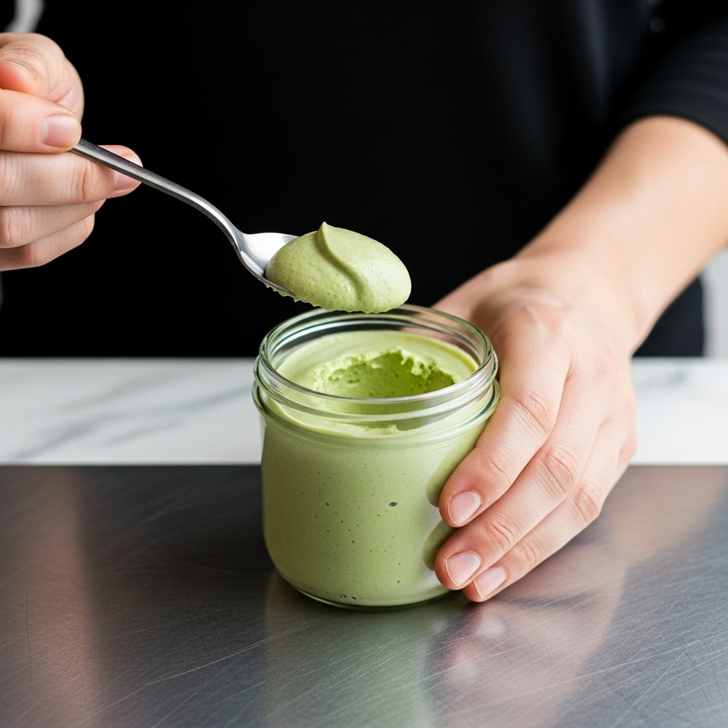 A woman’s hand is holding a small, clear glass jar filled with thick, light green cream or paste, while the other woman’s hand uses a spoon to scoop some of the cream from the jar. The jar has a smooth surface and is placed on a shiny metallic surface, which should be imagined as a white marbled texture. The cream has a smooth and fluffy texture with a soft peak formed on the spoon. The person's clothing is dark, contrasting with the pale cream and jar photo taken with an iphone --ar 4:5 --v 7