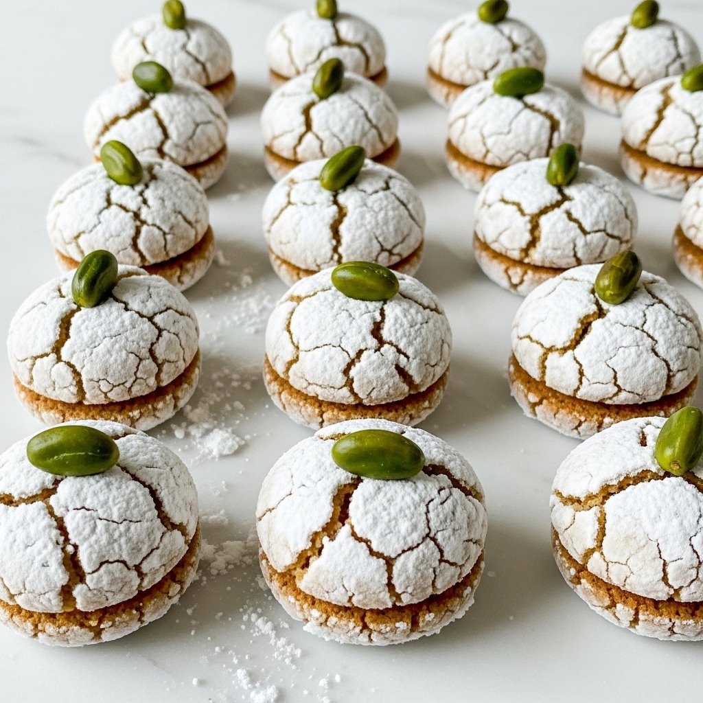 Small round cookies are arranged in neat rows on a white marbled surface. Each cookie has one layer, covered fully in cracked white powdered sugar, giving a rough texture with visible cracks showing a golden-brown dough underneath. On top of each cookie sits a single bright green pistachio nut, adding a pop of color to the white and brown base. Some powdered sugar crumbs are scattered loosely around the cookies. Photo taken with an iphone --ar 4:5 --v 7