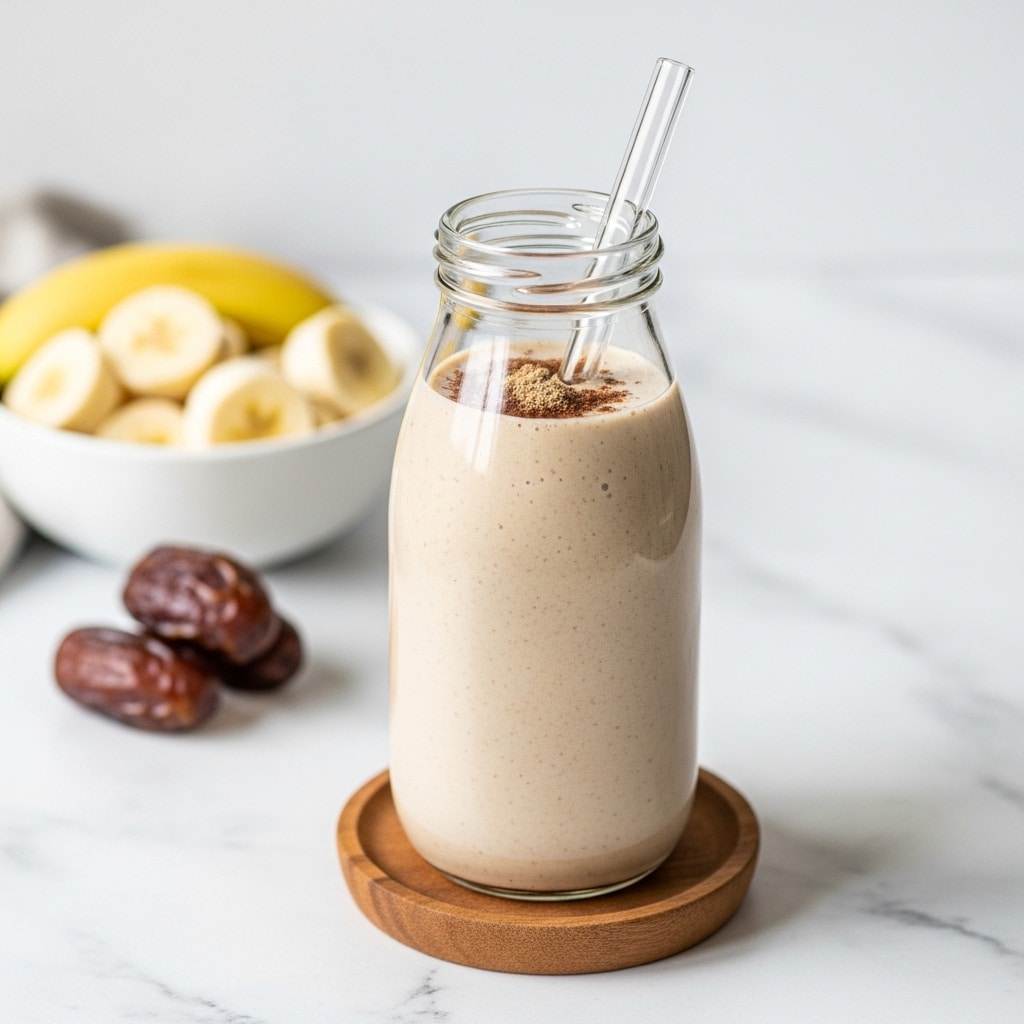A tall glass bottle filled with a smooth, creamy beige smoothie topped with a light sprinkle of brown powder, with a clear glass straw inserted at the top. The bottle is placed on a small round wooden coaster on a white marbled texture surface. In the softly blurred background, there is a white bowl filled with light yellow banana slices and two dark brown dates sitting nearby. Photo taken with an iphone --ar 4:5 --v 7