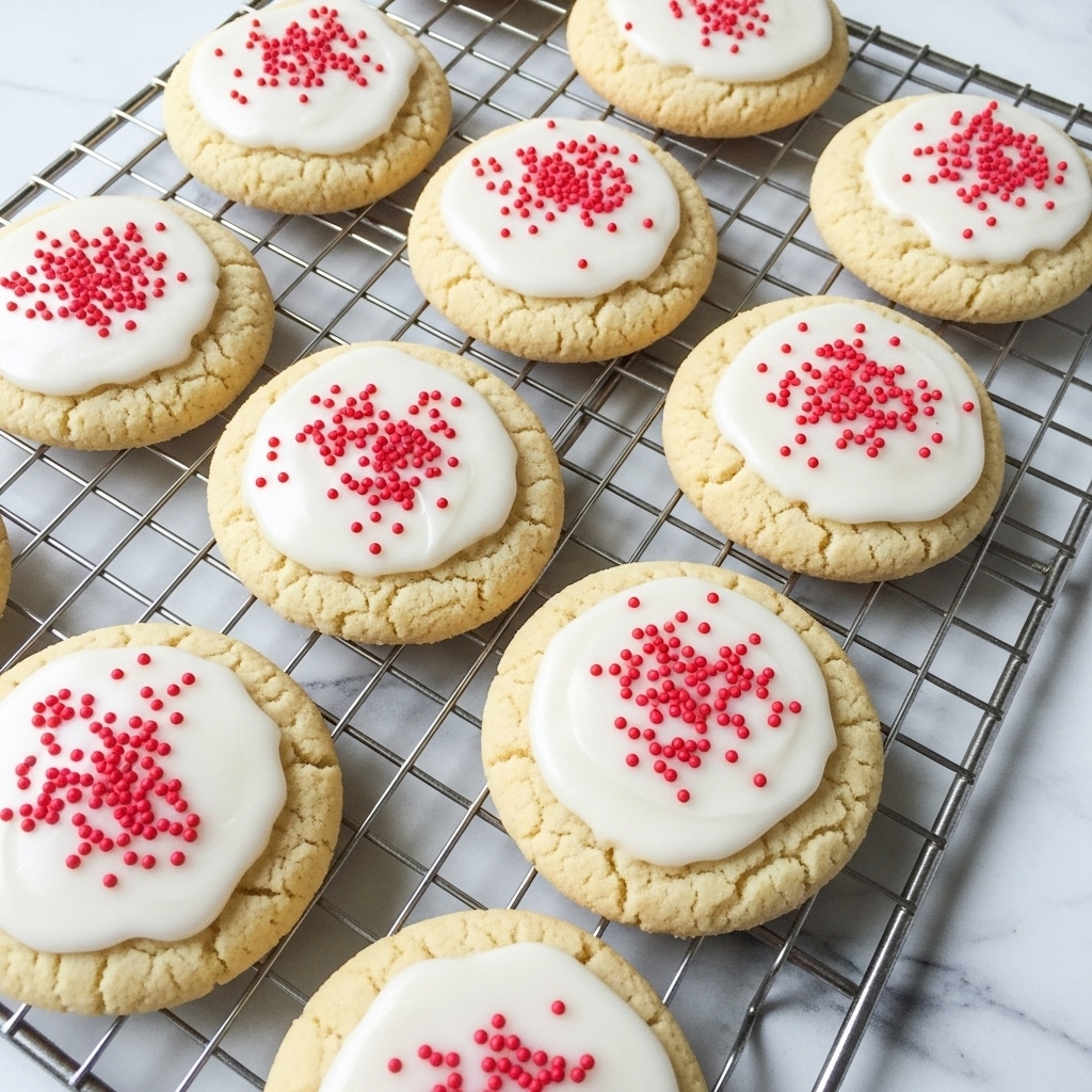 The image shows a group of round cookies arranged on a metal cooling rack. Each cookie has one thick layer of smooth, white icing on top, covering the whole surface, which is decorated with small, bright red sprinkles evenly scattered over the icing. The cookies have a light golden-brown color and look soft and slightly cracked around the edges. The background has a white marbled texture that contrasts softly with the metal rack and the cookies. photo taken with an iphone --ar 4:5 --v 7