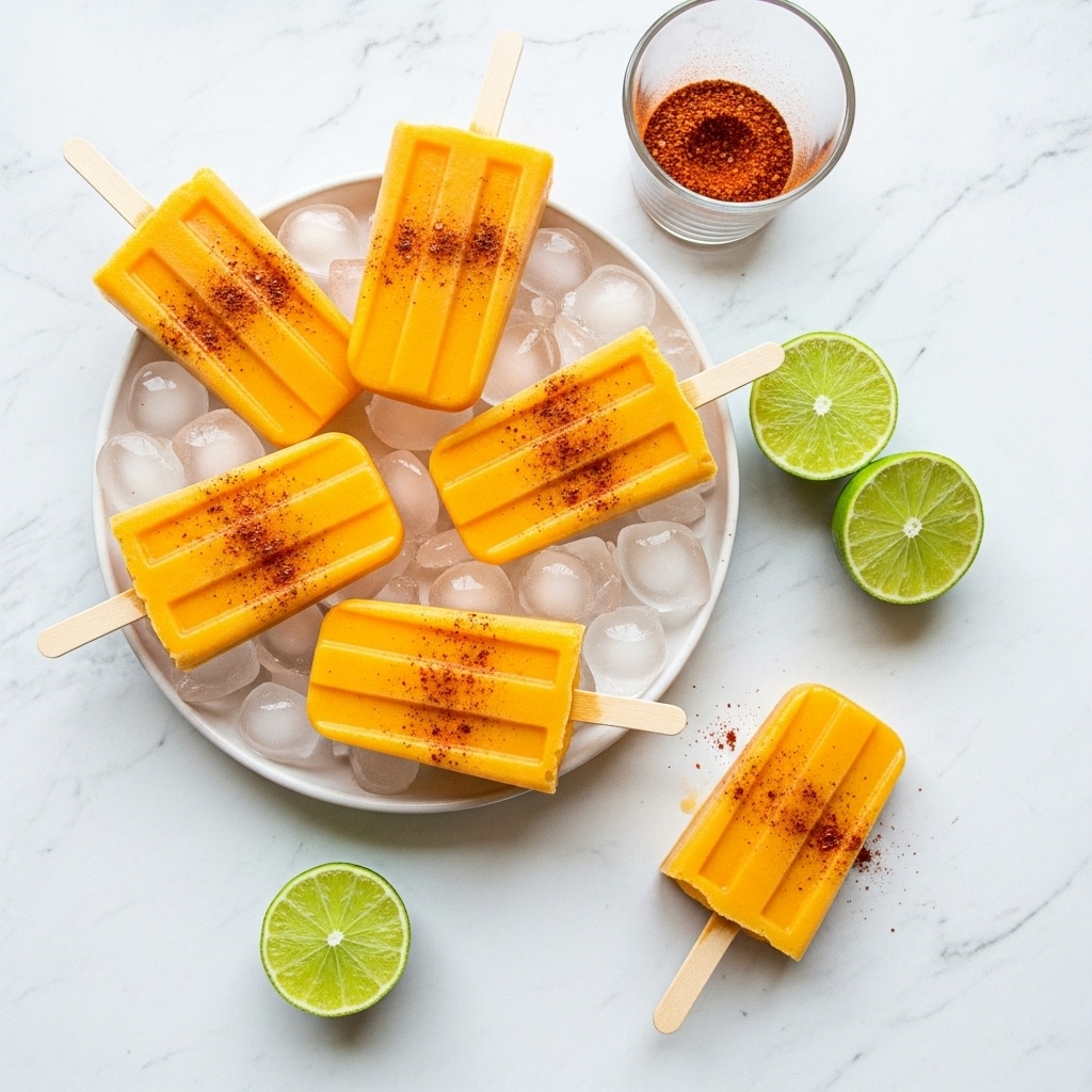 The image shows seven bright orange popsicles lightly sprinkled with red chili powder, with six lying on a white plate filled with ice cubes and one resting directly on the white marbled surface next to the plate. Three lime slices are placed near the plate, and a clear glass cup with more red chili powder sits above the plate. The popsicles have a smooth texture and are attached to light wooden sticks. Photo taken with an iphone --ar 4:5 --v 7