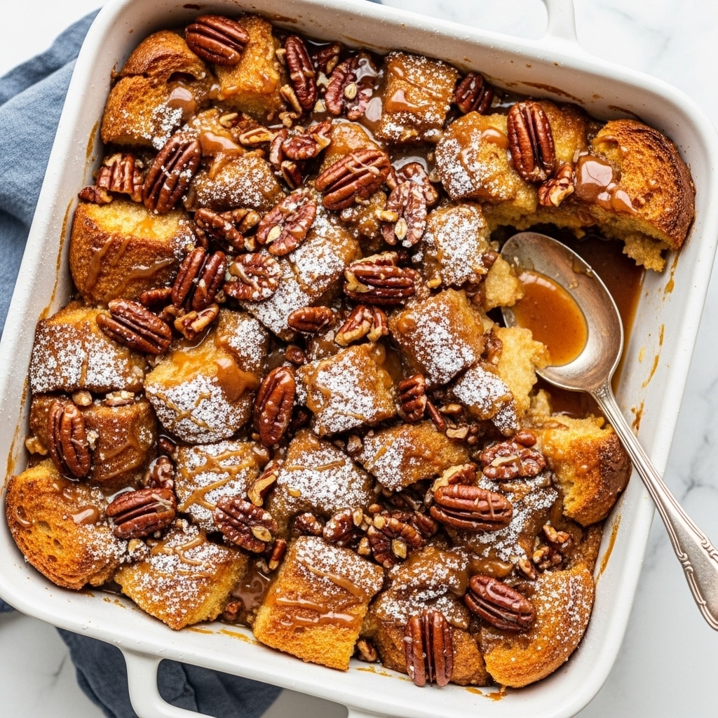 The image shows a white square baking dish filled with a bread pudding dessert, featuring thick, golden-brown toasted bread chunks as the base layer. The bread pieces have a slightly crisp texture on top with a soft inside and are scattered evenly throughout the dish. On top of the bread layer, there are glossy pecan halves, toasted to a rich brown color, spread generously across the surface. A thick caramel or syrup sauce is drizzled over the entire dish, giving it a shiny, sticky appearance. This sauce pools slightly in some areas, especially near the sides of the dish. The dessert is lightly dusted with powdered sugar, adding a delicate white contrast. A silver spoon rests on the right side inside the dish, partially submerged in the pudding and syrup. The dish sits on a white marbled surface, with a hint of a blue cloth visible beneath one corner. photo taken with an iphone --ar 4:5 --v 7