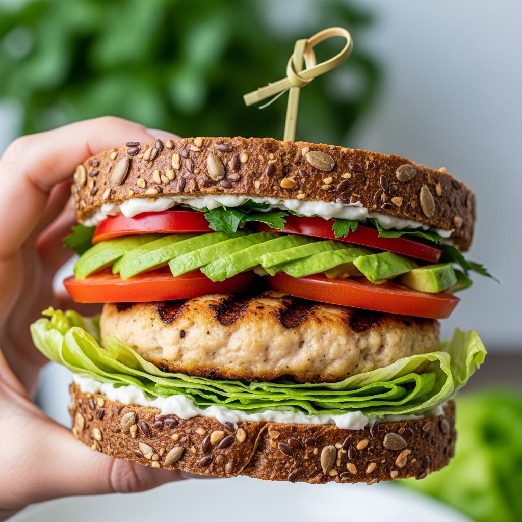The sandwich has three main layers between two slices of dark, seed-filled bread that is thick and textured. The bottom layer is light green lettuce on top of a white spread, adding a creamy look. Above this is a golden-brown grilled patty with a grilled, slightly crispy surface, followed by a layer of sliced red tomatoes and green avocado slices. Small pieces of red bell pepper and some chopped herbs sit on top under the top bread slice, which is held together by a wooden skewer with a small loop at the top. The woman's hand is holding the sandwich against a soft-focused background with fresh greens. Photo taken with an iphone --ar 4:5 --v 7