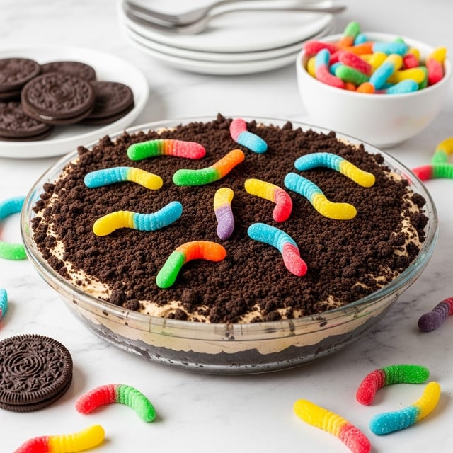 A pie in a clear glass dish has two visible layers: the bottom layer is thick and light brown, covered by a thick top layer of crushed dark brown cookie crumbs, giving a rough texture. Scattered over the top are colorful gummy worms in bright red, blue, green, orange, yellow, and purple, adding a playful touch. Around the pie, there are whole dark brown sandwich cookies on a white plate and a white bowl filled with more gummy worms on a white marbled surface. Stacked white plates with forks rest in the background. Photo taken with an iphone --ar 4:5 --v 7