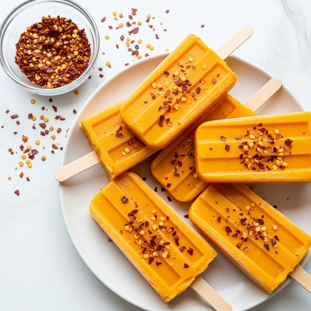 The image shows a white plate holding five orange popsicles arranged in a slightly overlapping way. Each popsicle has a smooth texture with iciness visible on the surface, and they are all lightly sprinkled with red chili flakes, adding rough, speckled spots of bright red and dark brown colors. The sticks of the popsicles peek out from under the fruit layers at the bottom and right edges of the plate. To the top left of the plate, there is a small glass bowl filled with more red chili flakes, some of which are scattered around the plate on a white marbled surface. The overall look is fresh and colorful with a mix of smooth ice and rough chili flakes. Photo taken with an iphone --ar 4:5 --v 7