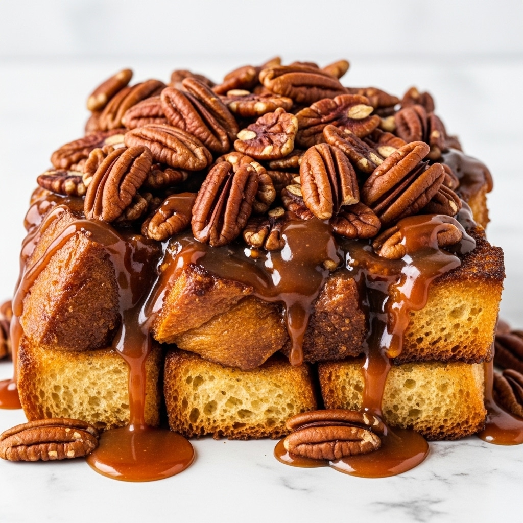 The image shows a close-up of a dessert with several layers. The bottom layer consists of golden-brown toasted bread pieces with a slightly crispy texture. Scattered on top are whole pecan nuts, their shiny brown shells adding rough texture and deep color. Both the bread and pecans are covered with a glossy, dark caramel sauce that drips over the edges, creating a rich, sticky appearance. The overall look is warm and inviting, with a mix of crunchy and gooey textures. The background is a white marbled texture. photo taken with an iphone --ar 4:5 --v 7