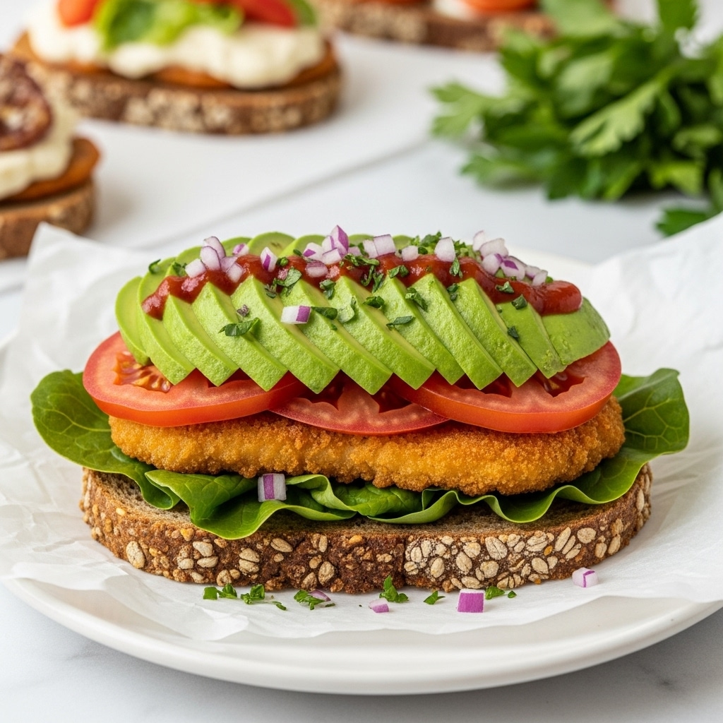 The image shows an open sandwich on a white plate with parchment paper. The bottom layer is a slice of dark, coarse bread. On top of the bread is a layer of green lettuce, followed by a golden-brown fried piece, likely a patty or cutlet. Above this are slices of red tomato, then green avocado slices arranged neatly. The sandwich is finished with a drizzle of red sauce and sprinkled with chopped herbs and small red onion pieces. In the background, there are blurred open sandwiches and some fresh green herbs on a white marbled surface. photo taken with an iphone --ar 4:5 --v 7