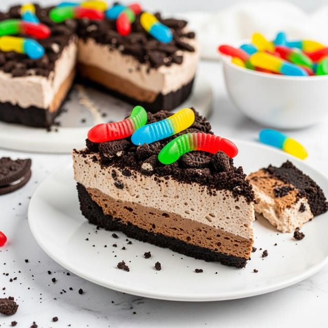 A slice of a no-bake chocolate pie is shown on a white plate with a white marbled surface underneath. The pie has three layers: a dark chocolate cookie crust at the bottom, a thick light brown creamy chocolate filling in the middle with visible air bubbles, and a top layer covered with crushed dark chocolate cookies. Several colorful gummy worms in red, blue, green, yellow, and orange lie on top of the crushed cookies, adding a bright contrast. Some cookie crumbs are scattered around the plate. In the background, the rest of the pie with more gummy worms is visible, along with a white bowl filled with additional gummy worms. A piece of the slice is cut off but still on the plate. Photo taken with an iphone --ar 4:5 --v 7
