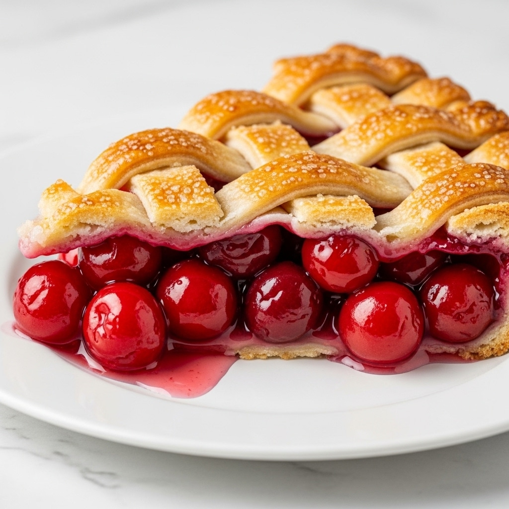 A close-up of a slice of cherry pie on a white plate, showing two main layers; the bottom layer is filled with bright red, glossy whole cherries in a thick syrup, and the top layer is a golden-brown lattice crust made of woven pastry strips with a slightly shiny and sugary texture, sitting above the cherries and partially dripping with syrup, all placed on a white marbled surface. photo taken with an iphone --ar 4:5 --v 7