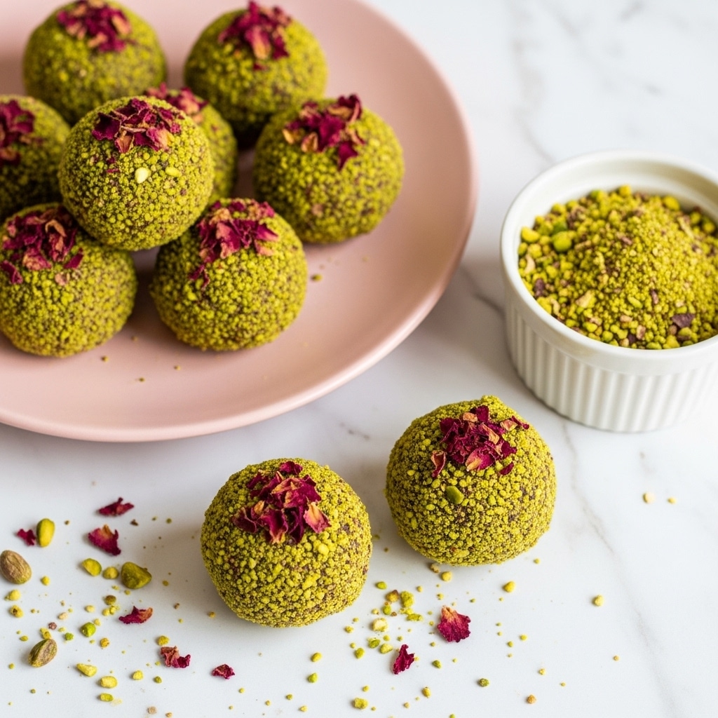 A pink plate filled with several round treats covered in a mix of crushed green pistachios and dried red rose petals, creating a textured, colorful outer layer. Two of these treats rest outside the plate on a white marbled surface along with scattered bits of pistachios and rose petals. Next to the plate is a small white bowl also filled with the same crushed pistachio and rose petal blend. The overall scene is bright and soft, focusing on the rich colors and textures of the treats against the pale pink plate and white marbled background. photo taken with an iphone --ar 4:5 --v 7