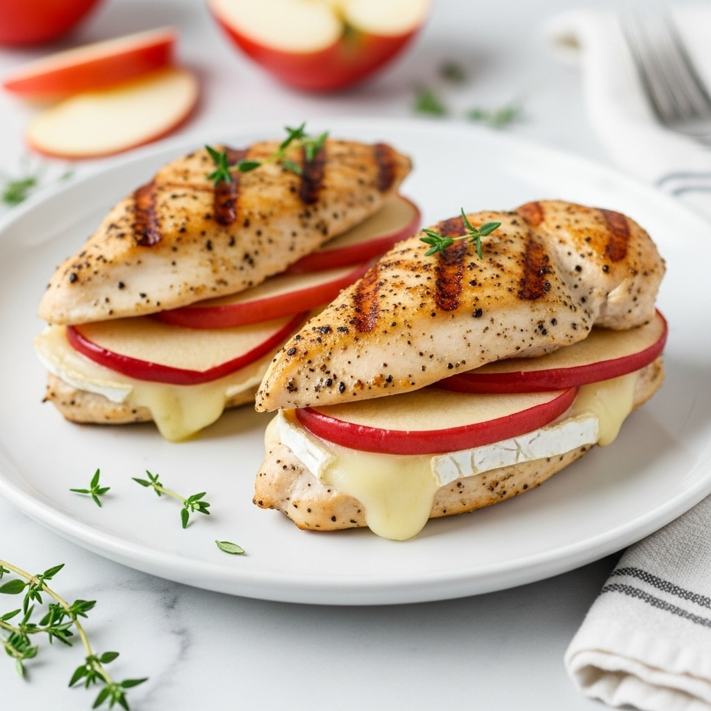 A white plate holds two stuffed chicken breasts, each with three visible layers: the top layer is golden brown grilled chicken speckled with black pepper; beneath it are thin, bright red apple slices with their skin on; the bottom layer shows melted, creamy white cheese peeking out; the plate sits on a white marbled surface with a few fresh green thyme sprigs nearby and blurred slices of red apple in the background, along with a folded white and gray striped cloth at the edge of the frame; photo taken with an iphone --ar 4:5 --v 7