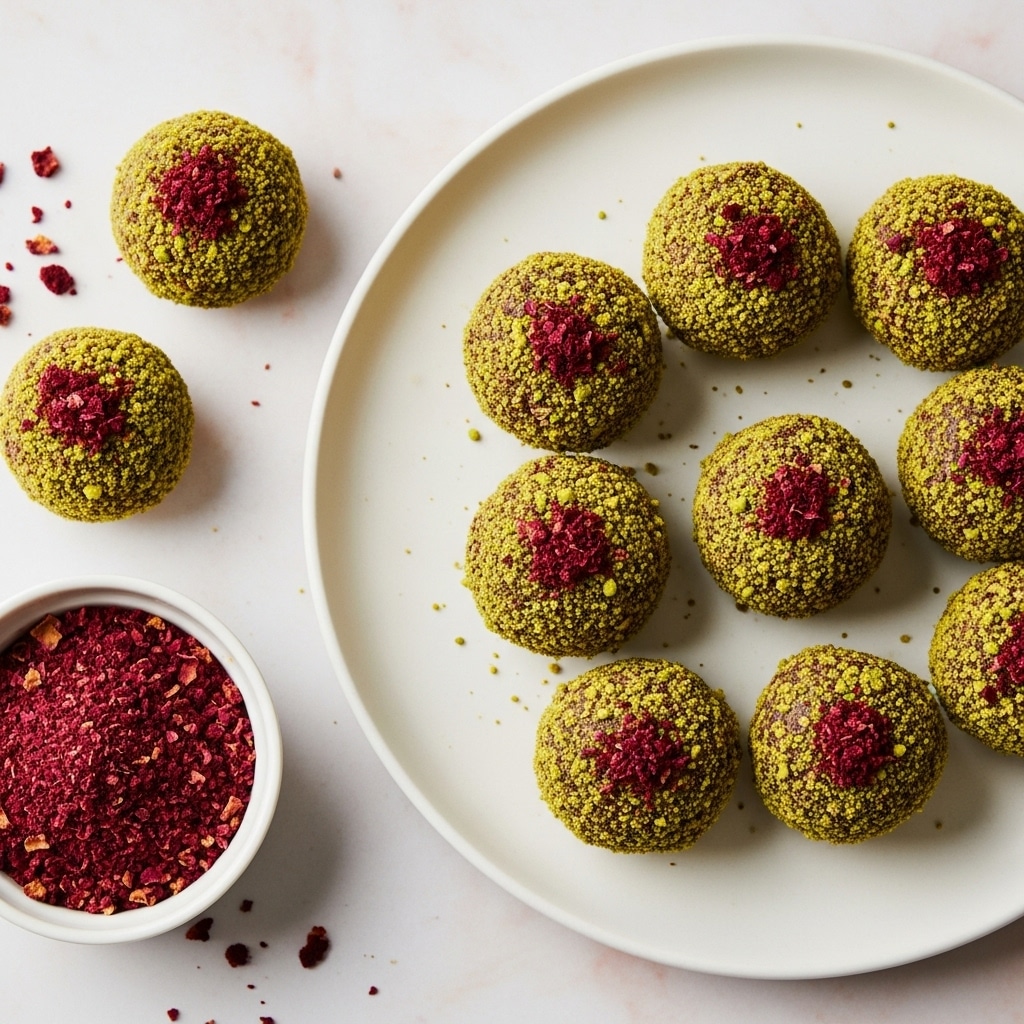 The image shows several small round treats on a smooth white plate, each treat covered in a mix of crushed green pistachios and dark red crushed rose petals, giving them a rough and textured look. There are eight pieces in total on the plate, arranged closely together with some overlapping. To the left of the plate, on the white marbled surface, there are two more of these treats and a small white bowl filled with the same crushed mixture, with some pieces scattered around it. The background and surface are softly mottled with pale pink and white colors. Photo taken with an iphone --ar 4:5 --v 7