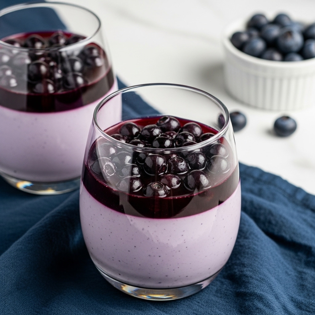 The image shows glass cups filled with a two-layer dessert. The bottom layer is light purple with a smooth and creamy texture. Above it is a thin dark purple layer, which is glossy and jelly-like. The top layer consists of shiny dark purple berries spread evenly over the glass. The glasses are placed on a dark blue cloth, with a small white bowl of more berries visible in the background on a white marbled surface. Photo taken with an iphone --ar 4:5 --v 7