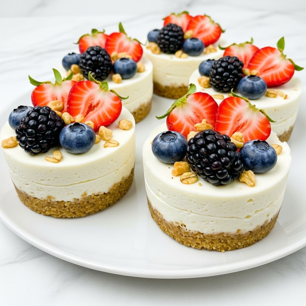 Four small round cheesecakes are shown on a white plate, each with three visible layers. The bottom layer is a rough-textured golden brown crust. The middle layer is thick, creamy, and white. The top layer is decorated with fresh fruit, including sliced red strawberries, whole blackberries, and blueberries, scattered along with small pieces of chopped nuts. The plate is placed on a white marbled surface. Photo taken with an iphone --ar 4:5 --v 7