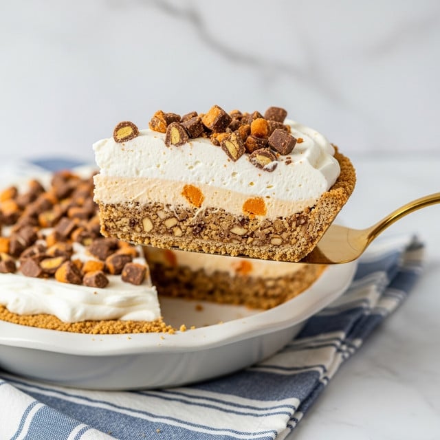 A slice of pie with three distinct layers held by a gold pie server above a pie dish on a blue and white striped cloth. The bottom layer is a light brown, crumbly crust mixed with bits of candy or nuts, giving it a rough texture. The middle layer is thick and white, smooth and creamy like whipped topping. The top layer is made of crushed candy pieces in shades of orange-brown and dark brown, scattered unevenly across the white layer. The whole pie is placed on a white marbled surface with a soft and clean background. Photo taken with an iphone --ar 4:5 --v 7