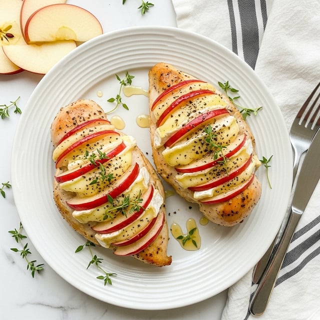 Two golden brown cooked chicken breasts are on a round white plate with ridged edges. Each chicken breast is sliced open and layered with thin red apple slices and melted light yellow cheese, arranged evenly inside. The chicken is seasoned with black pepper and herbs, and there are small green thyme sprigs on and around the chicken. Some shiny honey or glaze is drizzled over the chicken and plate, adding a glossy finish. In the background, there are thin slices of red apple on the white marbled texture surface. A black and white striped cloth and a white napkin are placed near the plate. photo taken with an iphone --ar 4:5 --v 7