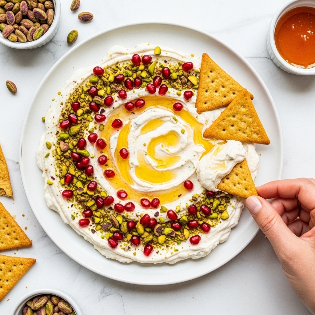 In the center of a white plate, there is a smooth layer of creamy white dip spread in a circular shape, topped generously with bright green crushed pistachios and scattered bright red pomegranate seeds. Drizzled golden honey shines on top, adding a sticky gloss. Two triangular golden crackers rest partly dipped into the dip on the right side, with a woman's hand reaching to pick one up from the bottom right. The plate is set on a white marbled textured surface, with small bowls of pistachios and honey nearby. photo taken with an iphone --ar 4:5 --v 7