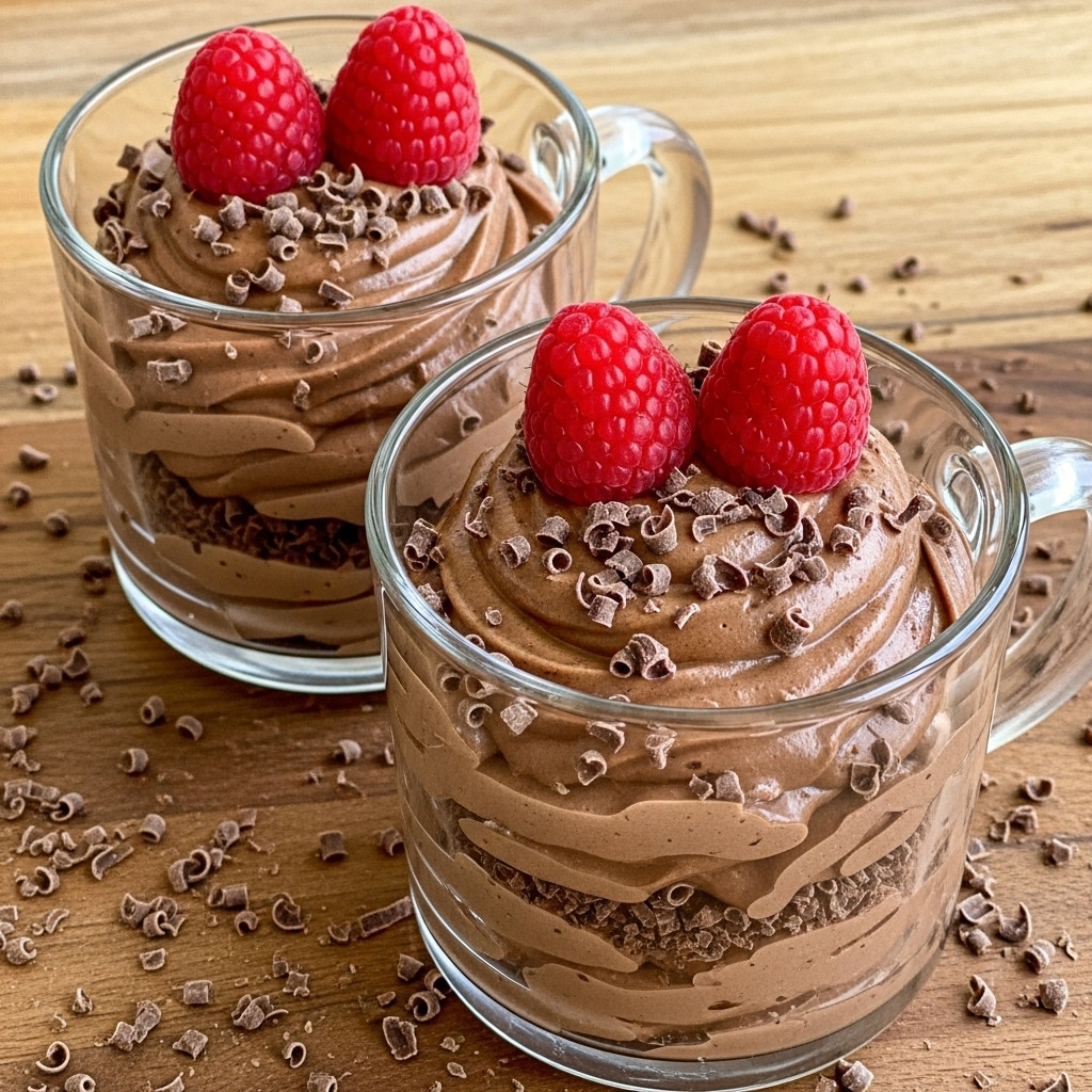 Two glass cups with handles hold a rich, dark brown chocolate mousse filling most of each cup. The mousse has a thick, creamy texture with a swirled pattern on top. Each mousse layer is sprinkled with small chocolate shavings around the edges. On top of each cup are two bright red raspberries, placed close together as the final garnish. The cups sit on a wooden surface with scattered chocolate crumbs around them. photo taken with an iphone --ar 4:5 --v 7
