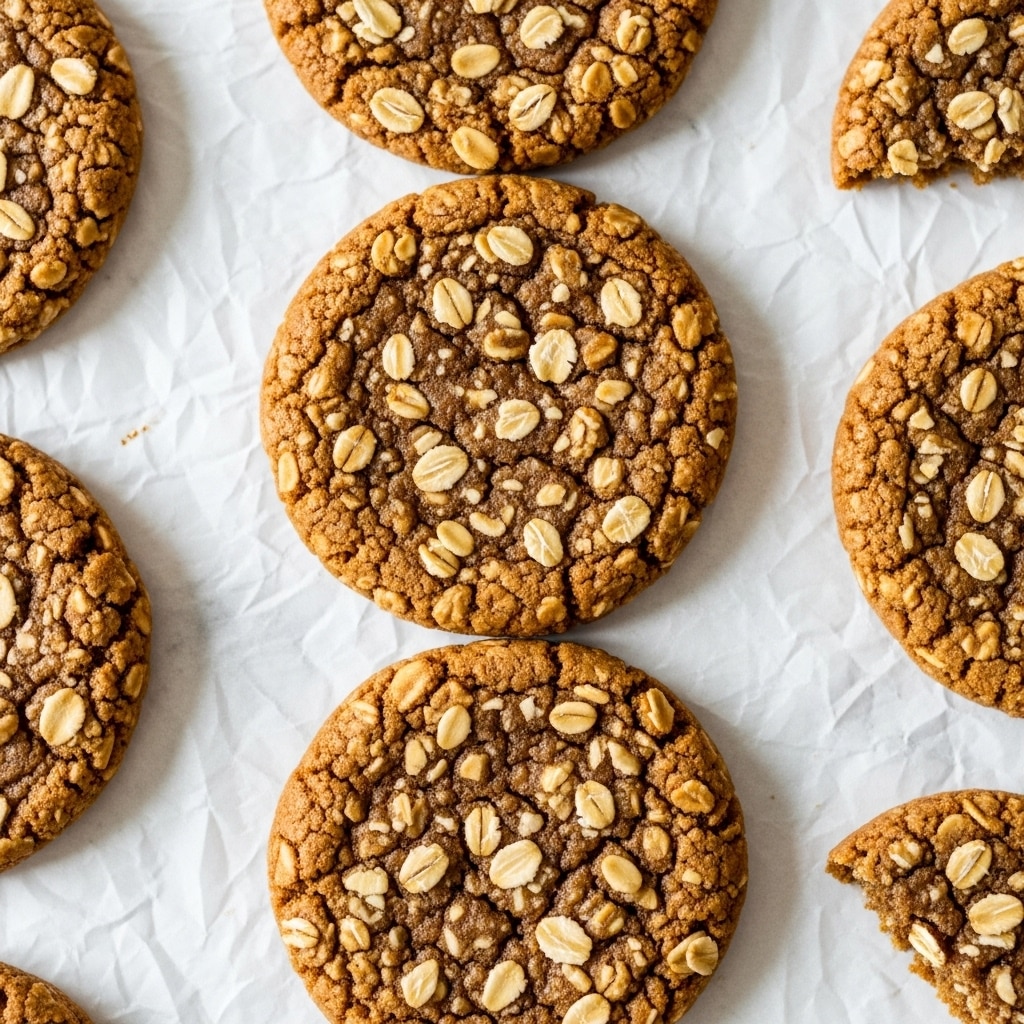 The image shows close-up views of soft, round cookies with a rough texture filled with visible oats. Each cookie is a warm golden brown with lighter oat flakes distributed evenly throughout the surface. The cookies are placed on crinkled parchment paper over a white marbled surface. The arrangement shows part of five cookies, with three fully visible cookies stacked vertically down the center and fragments of two cookies at the sides, all in a neat layout. The surface of the cookies looks chewy and moist with small uneven bumps from oats, creating a homemade feel. Photo taken with an iphone --ar 4:5 --v 7