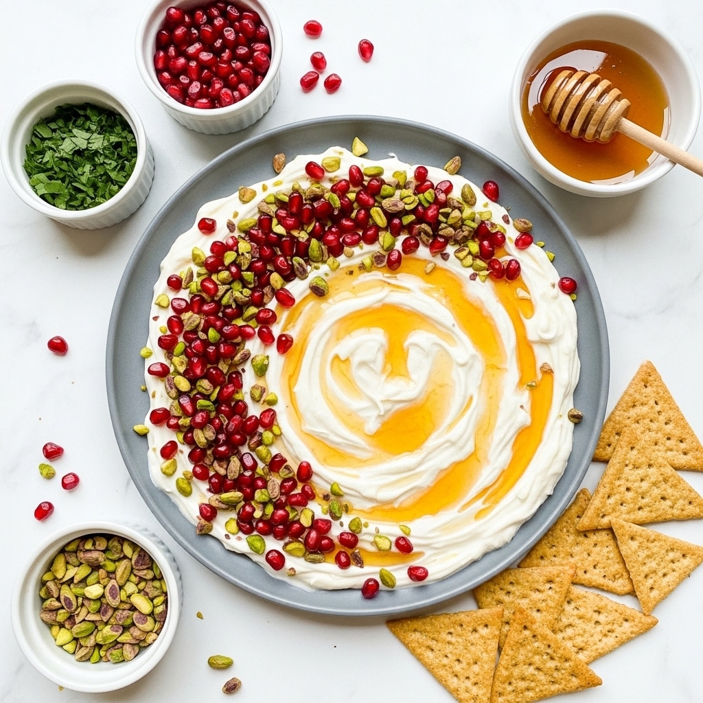 A round gray plate holds a creamy white yogurt or dip spread smoothly as the base layer. On top, scattered chopped green pistachios and bright red pomegranate seeds create a textured and colorful second layer. Golden honey is drizzled over, adding shiny amber swirls on the surface. Around the plate, small white bowls with chopped green herbs, red pomegranate seeds, and chopped pistachios sit on a white marbled surface. Golden triangle-shaped crackers are placed beside the plate, and a white bowl with honey and a honey dipper completes the setting. Photo taken with an iphone --ar 4:5 --v 7