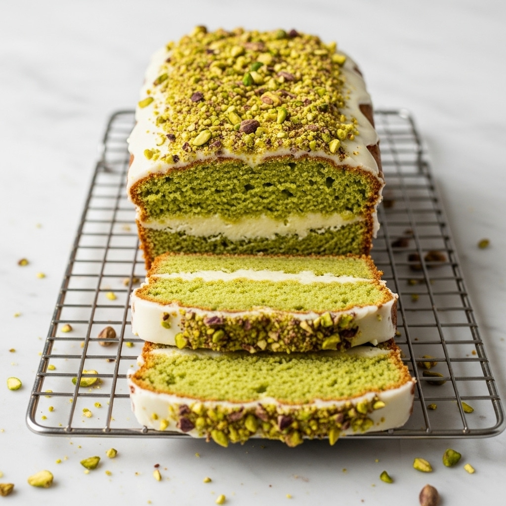 A loaf cake with three layers is shown on a cooling rack over a white marbled surface. The bottom layer is a light green, moist cake with a soft and airy texture. The middle layer is a thin, smooth white icing coating the cake evenly. The top layer is crushed pistachio nuts, green and light brown in color, spread thickly over the icing. Two slices are cut from the front, showing the green cake inside with the iced and nutty outer layers visible on the edges. Small pistachio crumbs are scattered around the rack and surface. photo taken with an iphone --ar 4:5 --v 7