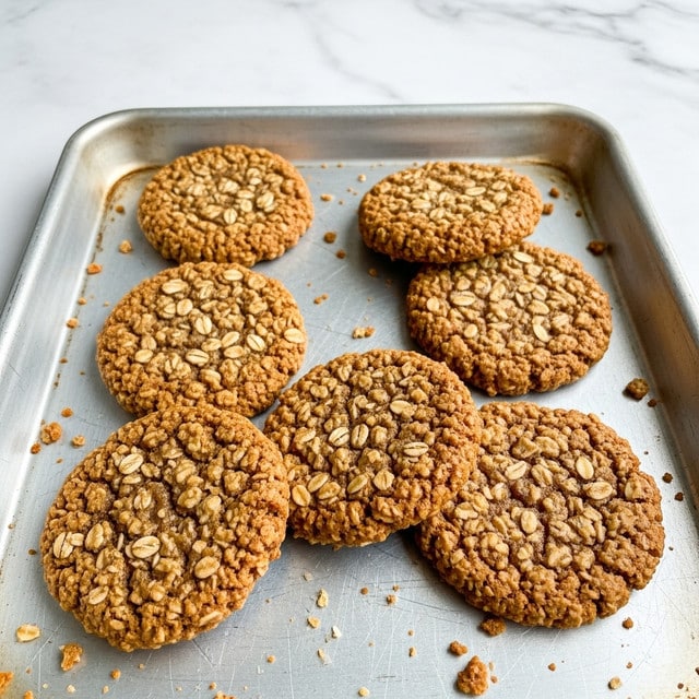The image shows six round oatmeal cookies arranged on a silver baking tray with a light, worn texture. The cookies are thick, golden brown with a rough texture and visible oats. They are overlapping slightly in two rows, with four cookies in the front row and two in the back. Small crumbs are scattered on the tray around the cookies. The background has a white marbled texture. photo taken with an iphone --ar 4:5 --v 7