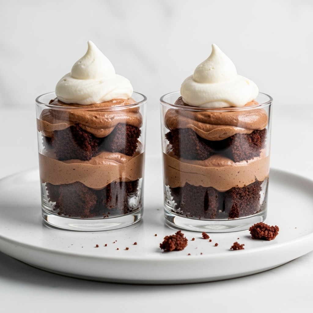 Two clear glass cups contain a layered dessert placed side by side on a white plate with a white marbled texture. Each dessert has three layers: the bottom and middle layers are dark brown chunks of chocolate cake, with a smooth, lighter brown chocolate mousse layer sandwiched between and at the top. Each cup is topped with a dollop of soft, white whipped cream, slightly pointed at the top. Small crumbs of chocolate cake lie on the plate near the cups. The photo taken with an iphone --ar 4:5 --v 7