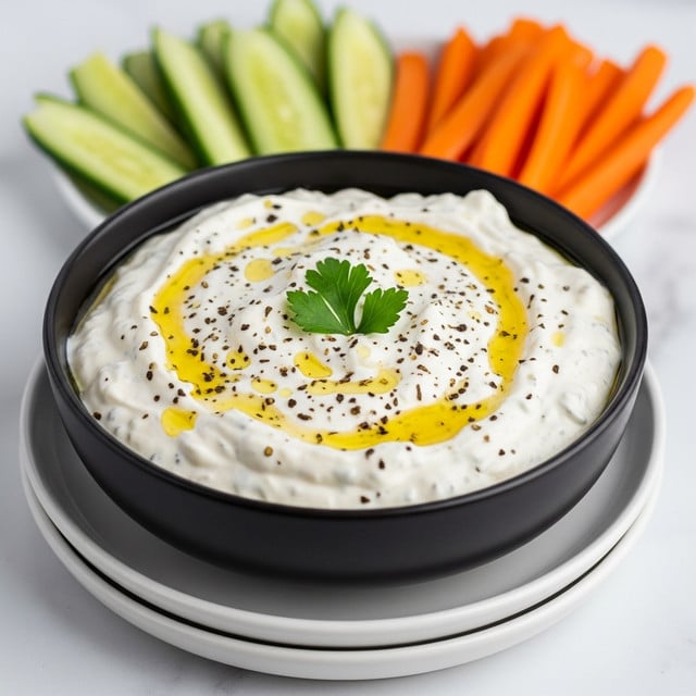 A round dark bowl filled with creamy white dip speckled with black herbs and a drizzle of golden oil on top, garnished with a small green parsley sprig in the center. The bowl is placed on a stack of two round white plates. Behind the bowl, there are light green cucumber slices arranged horizontally and bright orange carrot sticks vertically, all set on a white marbled surface. Photo taken with an iphone --ar 4:5 --v 7