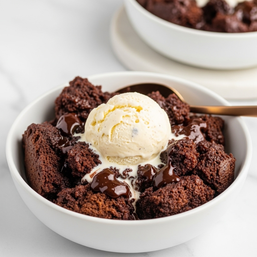 A white bowl holds a rich, dark chocolate bread pudding with a moist and slightly chunky texture, showing bits of cake soaked in thick chocolate sauce. On top is a single scoop of creamy vanilla ice cream with visible vanilla bean specks, slowly melting and mixing into the warm pudding. A bronze spoon rests on the edge of the bowl. In the blurred background, another white bowl with chocolate bread pudding sits on a white marbled surface. Photo taken with an iphone --ar 4:5 --v 7