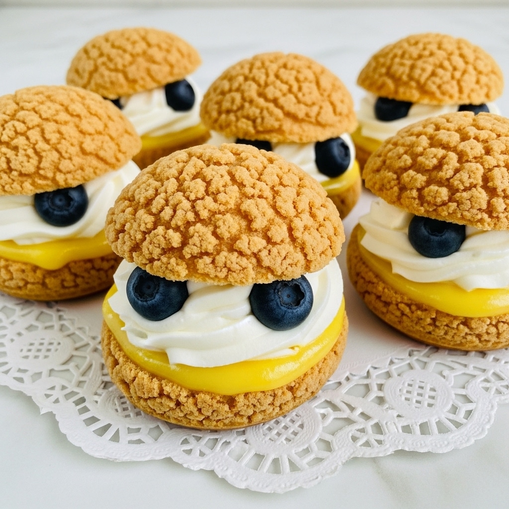 The image shows several cream puffs arranged on a white lace doily on a white marbled surface. Each cream puff has three visible layers: a golden-brown, slightly rough-textured top puff; a middle layer of white whipped cream with a smooth texture and one or two dark blue blueberries partially embedded in it; and a bottom layer of glossy, bright yellow lemon curd that appears slightly translucent. The cream puffs are positioned close to one another with the tops slightly resting on the cream and berries, creating a cozy and inviting look. photo taken with an iphone --ar 4:5 --v 7