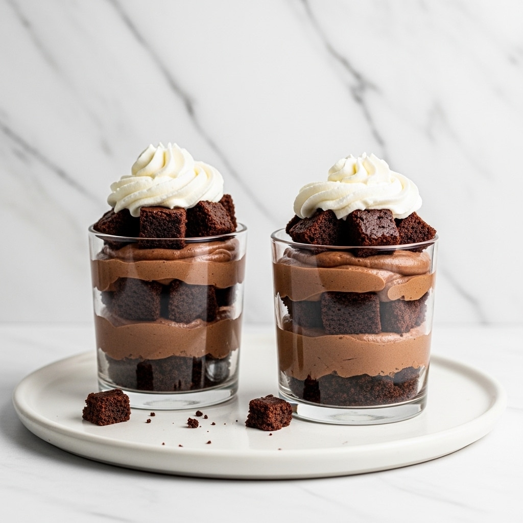 Two clear glass cups sit on a round white plate with a white marbled texture background. Each cup has three layers: the bottom layer is smooth, dark chocolate mousse; the middle layer is made of chunky dark chocolate brownie pieces; the top layer is another smooth layer of chocolate mousse, topped with more dark chocolate brownie chunks. On the very top of each cup is a swirl of white whipped cream with a soft, fluffy texture. A few small brownie crumbs are scattered on the plate near the cups. Photo taken with an iphone --ar 4:5 --v 7
