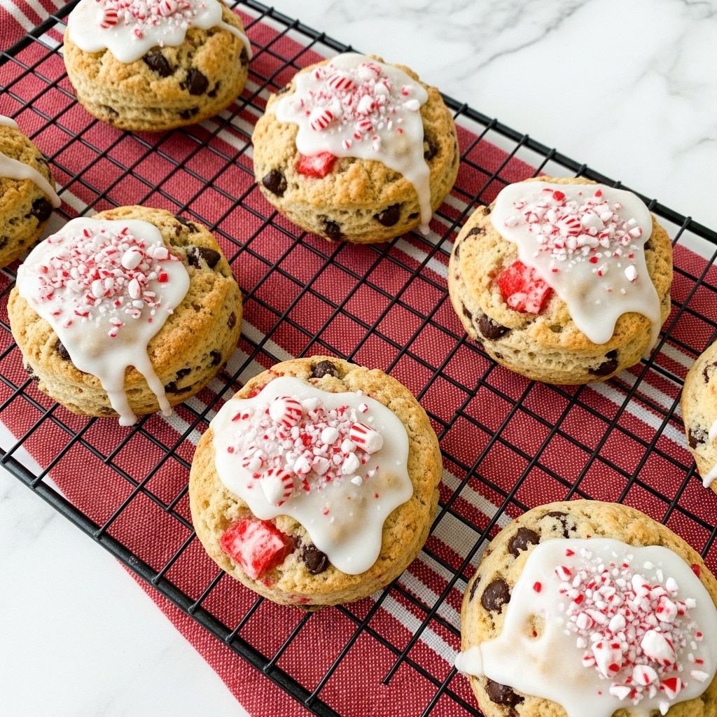 The image shows six round scones placed on a black wire cooling rack over a red cloth with white stripes. Each scone has one thick, golden-brown baked layer with visible chunks of red (peppermint) and dark (chocolate chip) pieces inside. The scones are topped with a rough drizzle of white icing and sprinkled with small crushed red and white peppermint candy pieces. The texture looks crumbly and soft with a slightly crisp exterior. The background is a white marbled texture. photo taken with an iphone --ar 4:5 --v 7