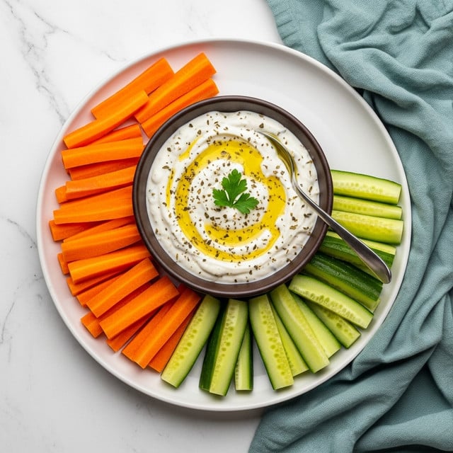 A round white plate holds a small dark brown bowl filled with creamy white dip sprinkled with herbs and a drizzle of yellow oil on top, garnished by a small green parsley leaf in the center. On one side of the plate are bright orange carrot sticks neatly stacked, and on the opposite side are pale green cucumber slices arranged in a row. A small spoon rests inside the bowl with its handle extending out. A soft teal cloth is draped casually to the right on a white marbled surface. photo taken with an iphone --ar 4:5 --v 7