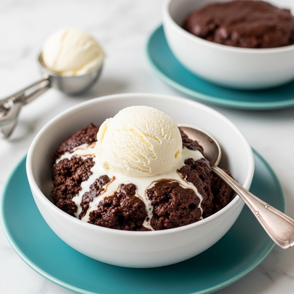 The image shows a white bowl filled with a warm, gooey dark brown chocolate dessert that looks soft and slightly chunky in texture. On top of this dessert sits a single smooth scoop of creamy white vanilla ice cream, which is starting to melt and create light cream streaks over the chocolate layer beneath it. The bowl is placed on a round teal plate, and a vintage-looking silver spoon rests inside the bowl with its handle extending outwards. In the background, there is another white bowl with a similar chocolate dessert, also placed on a teal plate, and a scoop of vanilla ice cream in a silver ice cream scooper. The whole setup is on a white marbled surface. photo taken with an iphone --ar 4:5 --v 7