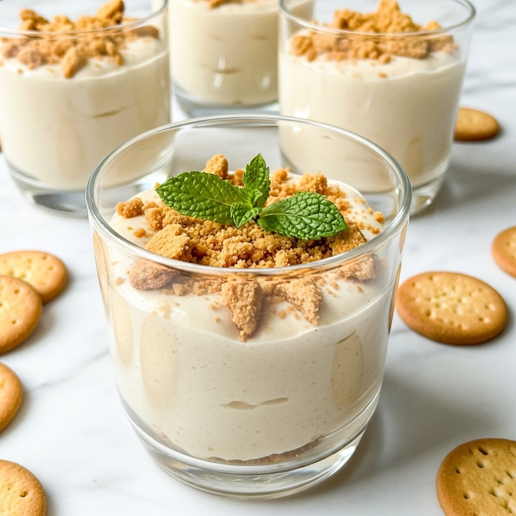 The image shows a close-up of a clear glass filled with a creamy, light beige dessert that looks smooth and thick. On top of the dessert, there is a layer of crumbled light brown cookies creating a crumbly texture. A small sprig of fresh green mint is placed on top in the center. In the background, there are more glasses of the same dessert along with whole light brown round cookies scattered on a white marbled surface. The overall look is fresh and inviting, with a mix of creamy and crumbly textures. photo taken with an iphone --ar 4:5 --v 7
