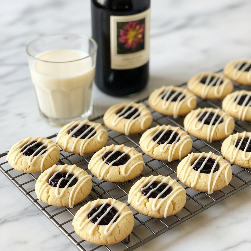 A cooling rack holds two rows of round cookies, each with a pale golden color and smooth texture. Each cookie has a small dollop of dark jam in the center, surrounded by a thin layer of dough. White icing is drizzled over every cookie in thin, curved lines, adding a glossy shine. Next to the rack is a glass filled with creamy milk and behind it, a dark bottle with a label showing a flower. All items are set on a white marbled surface. photo taken with an iphone --ar 4:5 --v 7