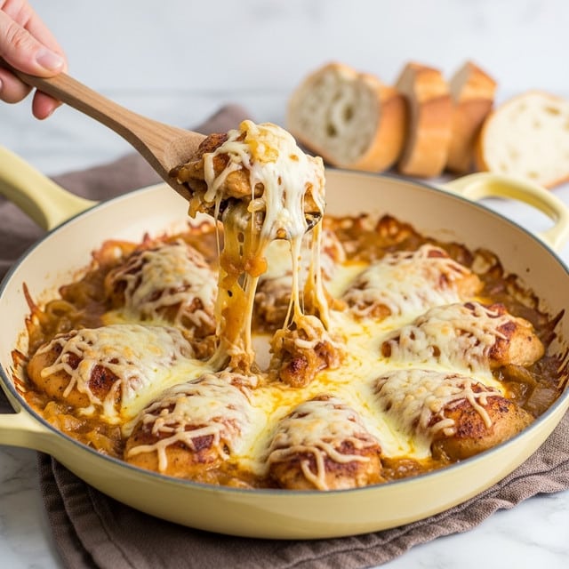 The image shows a cooked dish in a pale yellow pan filled with pieces of browned chicken covered in melted, gooey cheese. The cheese is stringy as a wooden spoon lifts a portion of chicken with a woman's hand holding it above the pan. The dish has a rich, golden-brown layer of cooked onions mixed with sauce beneath the cheese-covered chicken pieces that fill the pan. The pan sits on a soft brown cloth with slices of bread blurred in the background on a white marbled surface. Photo taken with an iphone --ar 4:5 --v 7