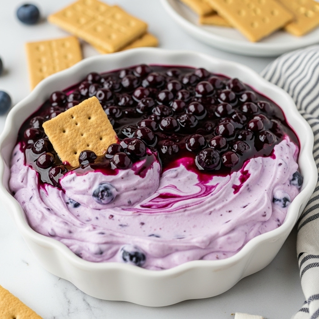 The dish is a creamy blueberry dip in a white scalloped bowl, showing two main layers: the bottom layer is a light purple, smooth, thick yogurt or cream mix with visible whole blueberries, and the top layer is a glossy, dark purple blueberry compote with whole blueberries and syrup. A graham cracker is dipped partly into the dip, mixing some of both layers, creating a swirled effect of light purple and deep purple. In the background, there are more graham crackers on a white marbled surface with a striped cloth nearby. Photo taken with an iphone --ar 4:5 --v 7