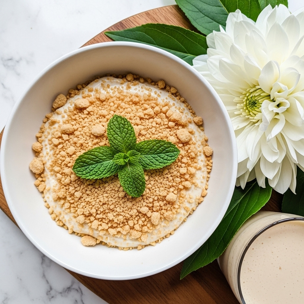 The image shows a dessert served in a white bowl placed on a wooden board. The dessert has one visible creamy layer that is beige in color, topped with a layer of crushed light brown crumbs scattered evenly across its surface. On top of the crumbs, there are three fresh, bright green mint leaves grouped together near the center. To the right side, there is a large white flower with green leaves, and a small part of a glass containing a beige creamy drink is visible. The background has a white marbled texture. photo taken with an iphone --ar 4:5 --v 7