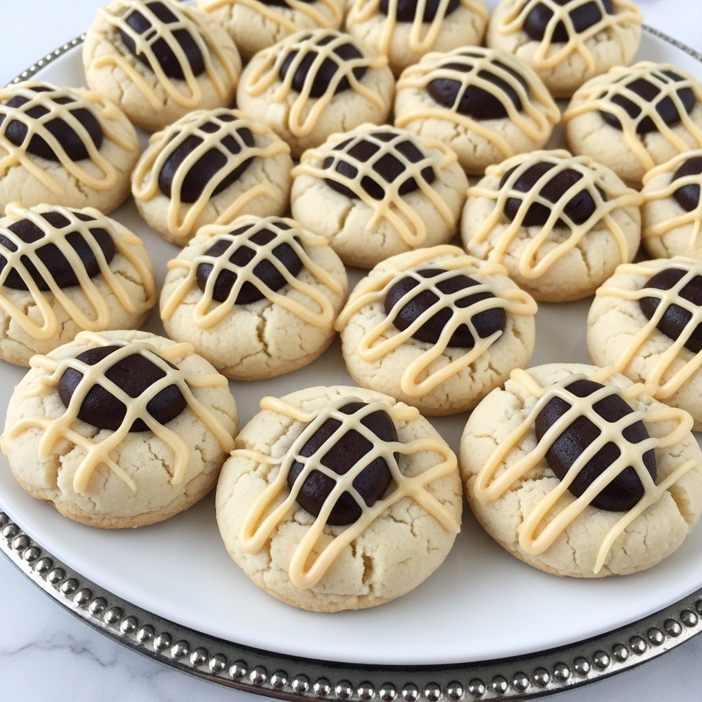 A white plate filled with small round cookies, each having a light beige base layer with a smooth texture, topped with a dark brown oval center that looks like chocolate or coffee bean, and drizzled with light beige icing in a criss-cross pattern over the top; the plate rests on a white marbled surface with silver ornamental edging visible around the plate, showing a close and bright view of the cookies. photo taken with an iphone --ar 4:5 --v 7