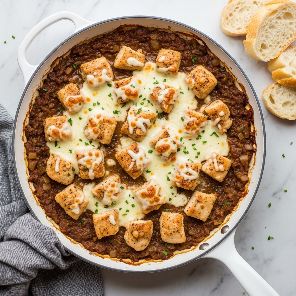 The image shows a white skillet filled with a layered chicken dish placed on a white marbled surface with a gray cloth under one side. The first layer at the bottom consists of a brown, rich sauce mixed with sautéed onions and herbs, creating a textured base. On top, there are evenly spaced chunks of cooked, light brown chicken pieces with a slightly crispy look. The final layer is a generous amount of melted white cheese spread unevenly over the chicken, with some parts browned and others still creamy. Near the skillet, there are a few slices of crusty white bread placed on the white marbled surface. Photo taken with an iphone --ar 4:5 --v 7