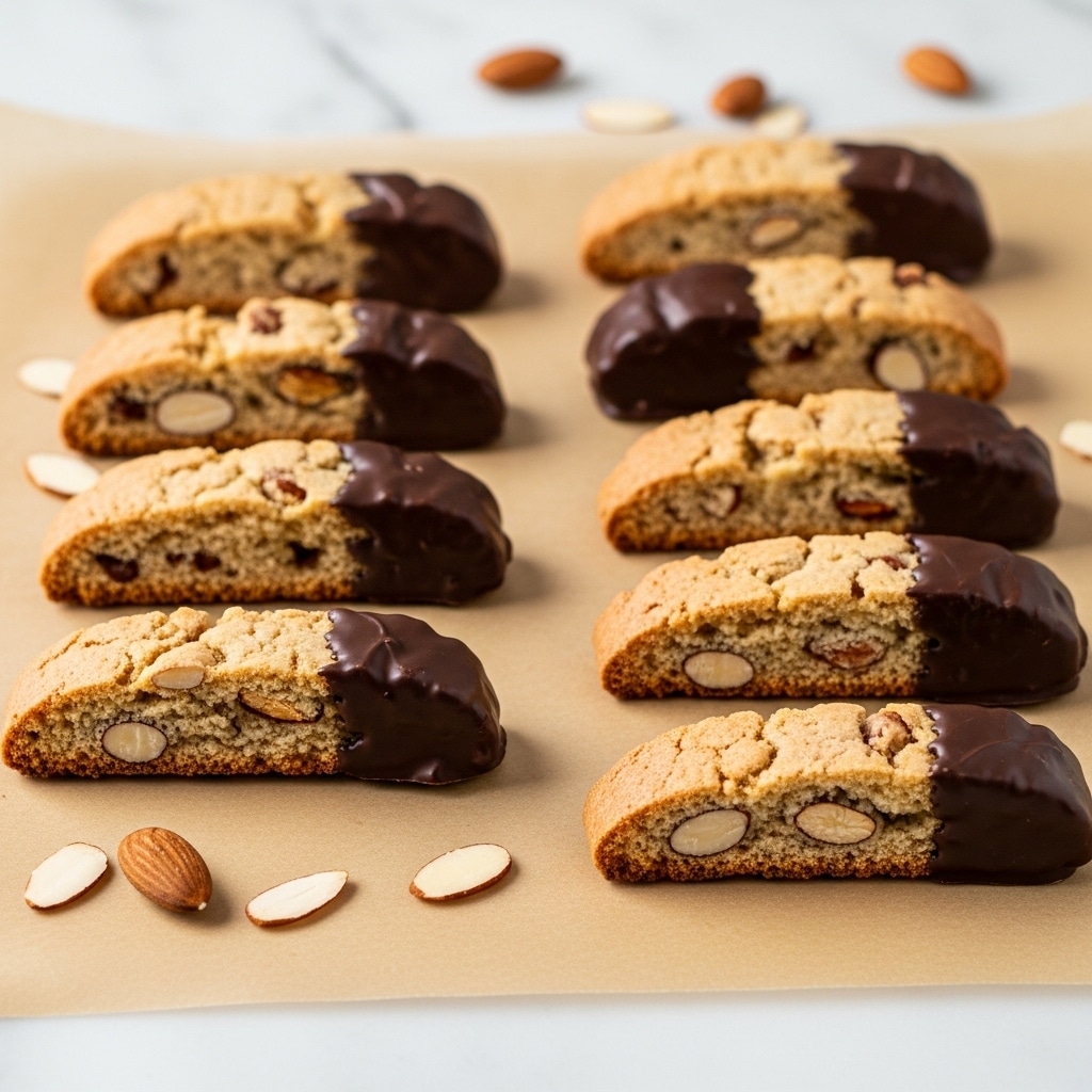 Seven almond biscotti pieces are placed in two diagonal rows on a light brown parchment paper over a white marbled surface. Each biscotti is partially dipped in smooth dark chocolate on one end, contrasting with the golden brown crunchy cookie texture studded with whole almonds visible inside. A few scattered almond slices are around the biscotti, adding a delicate touch. The background remains softly out of focus, highlighting the biscotti texture and chocolate shine. photo taken with an iphone --ar 4:5 --v 7