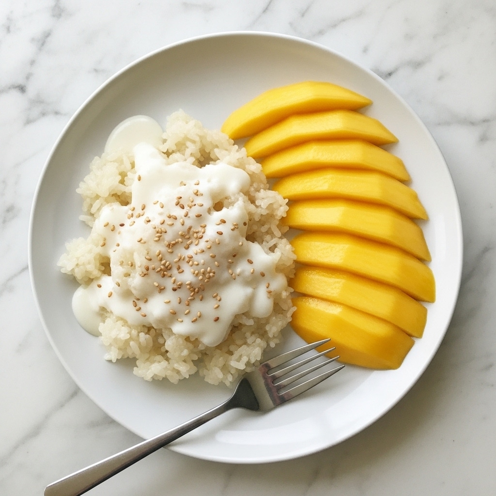 The image shows a white plate on a white marbled surface holding a dessert with two main parts. On the left side, there is a mound of sticky white rice covered in a thick, creamy white sauce with small light brown sesame seeds sprinkled on top. The rice looks soft and shiny under the sauce. On the right side, five slices of bright yellow mango are neatly placed next to the rice, each slice smooth and slightly glossy, arranged in a fan shape. A silver fork is placed on the plate's lower right corner, pointing inward. Photo taken with an iphone --ar 4:5 --v 7