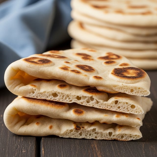 This image shows two pieces of folded flatbread stacked on a dark wooden surface with a blurred stack of more flatbreads in the background. Each piece of flatbread is pale beige with a slightly puffy texture and brown spots from cooking, some of them darker and more toasted, scattered across the surface. The flatbreads have soft, rounded edges and some visible air pockets, giving a light and fluffy appearance. A blue cloth is partially visible in the top left corner, adding a soft fabric detail to the scene. The flatbreads are the main focus, filling most of the image frame. Photo taken with an iphone --ar 4:5 --v 7