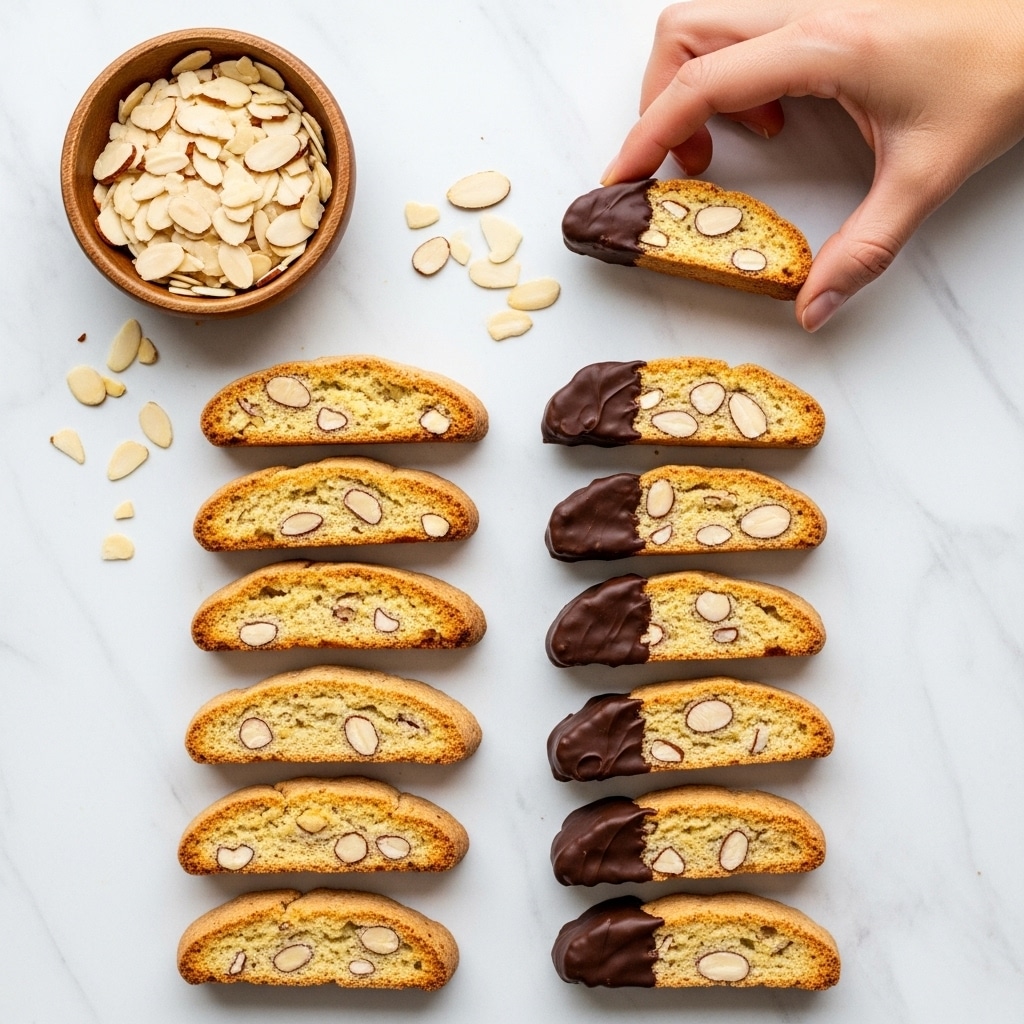 The image shows a neat arrangement of almond biscotti on a white marbled surface. There are two rows of biscotti: the left row features plain biscotti in golden brown with visible almond pieces inside, some whole and some sliced. The right row displays biscotti dipped halfway in smooth, dark chocolate, creating a contrast with the golden biscuit part, also showing almonds embedded inside. A wooden bowl filled with sliced almonds is placed at the top left corner, and a woman's hand is picking up one chocolate-dipped biscotti from the top right. Loose almond slices are scattered lightly around the biscotti for a natural touch. Photo taken with an iphone --ar 4:5 --v 7