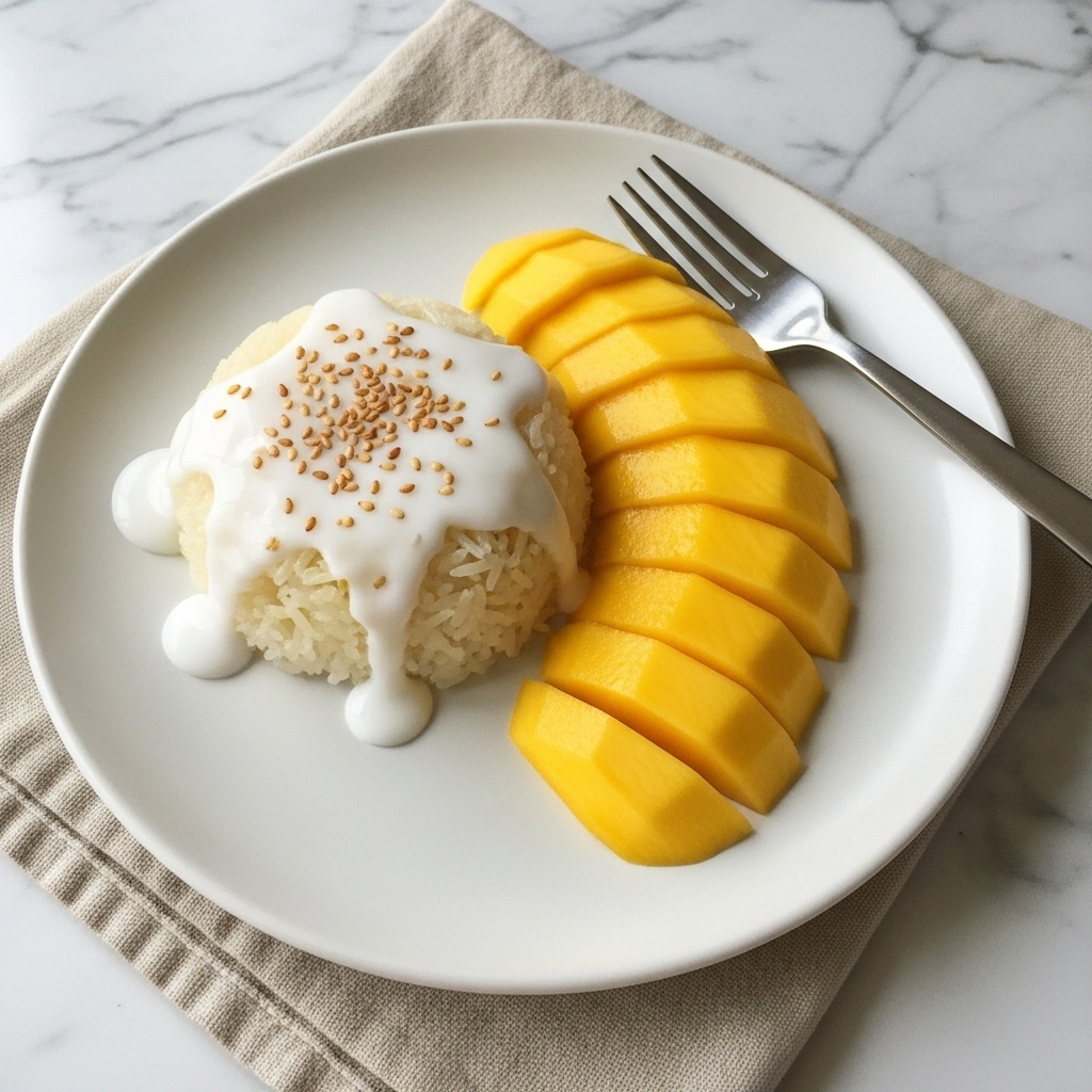 The image shows a low mound of sticky white rice with a smooth, glossy white coconut sauce poured over it, sprinkled with light brown sesame seeds on top. Next to the rice are five neat slices of bright yellow mango, arranged in a row along one side of a white round plate. A silver fork rests beside the mango slices, all set on a white marbled surface with a beige cloth under the plate. Photo taken with an iphone --ar 4:5 --v 7