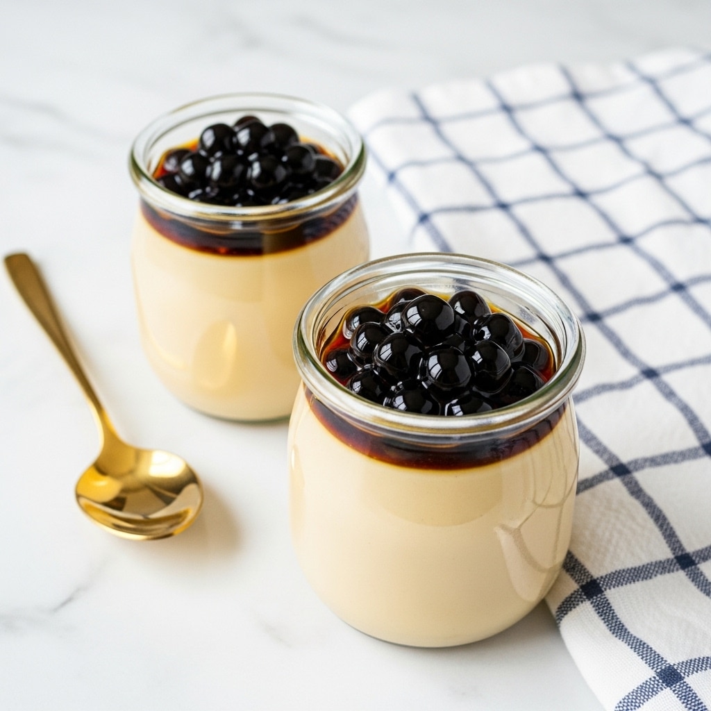 Two small glass jars each hold a light brown creamy pudding topped with a small cluster of shiny black tapioca pearls. The pudding layer is smooth and fills the jars almost to the brim. A thin layer of caramel sauce is visible just beneath the pearls, adding a darker golden shine around them. A gold spoon is placed diagonally on the left jar's rim, reflecting soft light. The jars sit on a white marbled surface next to a white cloth with dark blue checkered stripes. Photo taken with an iphone --ar 4:5 --v 7